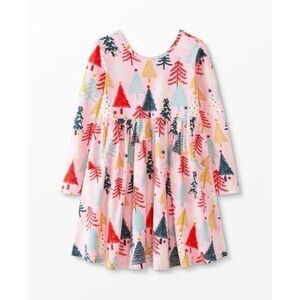 Hanna Anderson Twinkly Trees On Pink Long Sleeve Skater Dress W/ Pockets Sz 6-7